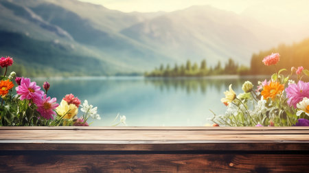 Empty wooden table decorated with colorful flowers, Blurred lagoon and mountain view, background, AI Generative.の素材