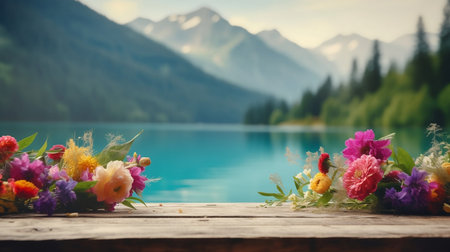 Empty wooden table decorated with colorful flowers, Blurred lagoon and mountain view, background, AI Generative.の素材