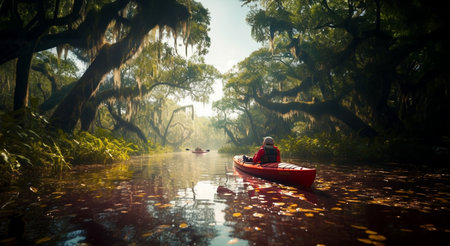 illustration of summer water sports kayaking in a quiet river Surrounded by lush greenery. AI Generative.の素材