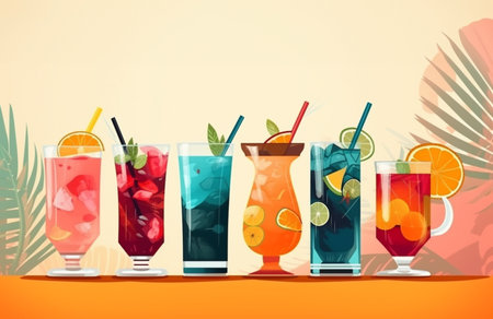 Set of delicious juices and fruits Summer fruits are ready to serve. AI Generative.の素材