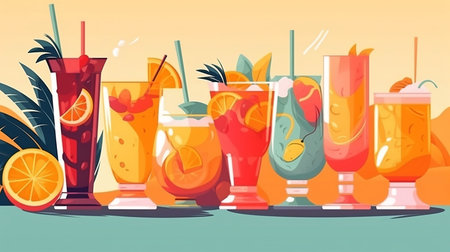 Set of delicious juices and fruits Summer fruits are ready to serve. AI Generative.の素材