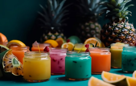 Set of delicious juices and fruits Summer fruits are ready to serve. AI Generative.の素材