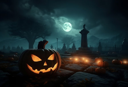 Halloween pumpkin in graveyard with full moon night, with space for text. Generative AI.の素材