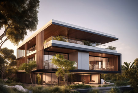 A mockup of a luxury house with solar panels and a shaded facade. AI Generative.の素材