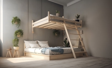 A simple and inviting loft bedroom model. AI Generative.の素材