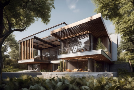 A mockup of a luxury house with solar panels and a shaded facade. AI Generative.の素材