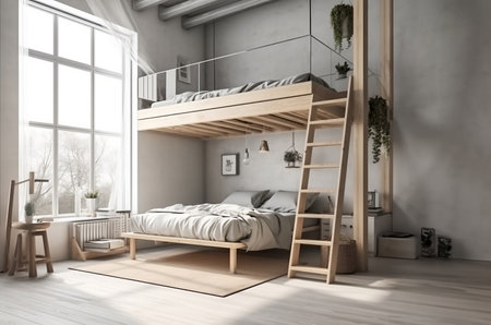 A simple and inviting loft bedroom model. AI Generative.の素材