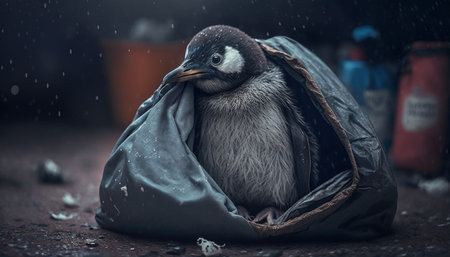 Penguin sleeping in a black trash bag Among the piles of plastic waste and the rain. Generative AI.の素材
