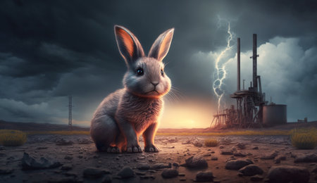 little Rabbit standing in front Toxic mass from chemical. AI Generative.の素材
