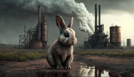 little Rabbit standing in front Toxic mass from chemical. AI Generative.の素材