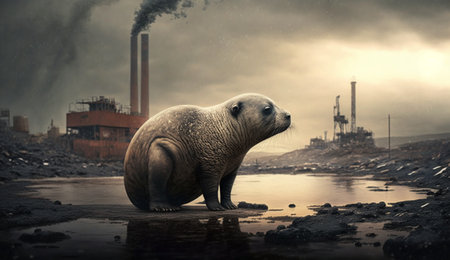 Seal standing in front Toxic mass from chemical factories. Generative AI.の素材