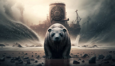 Seal standing in front Toxic mass from chemical factories. Generative AI.の素材