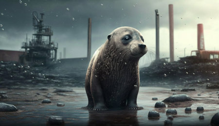 Seal standing in front Toxic mass from chemical factories. Generative AI.の素材