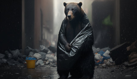 A bear holding a garbage bag stands among piles of plastic waste looking for food and shelter, Concept of saving the world. Generative AI.の素材