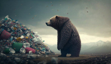 A giant bear with a huge pile of trash. Concept of saving the world. Generative AI.の素材