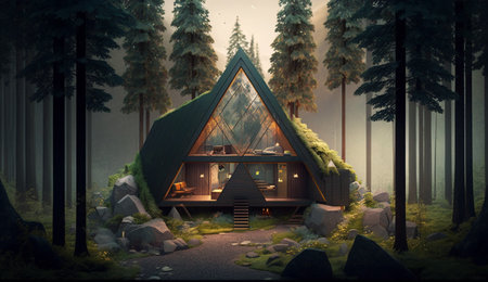 A shape room and small home in forest, AI Generative.の素材
