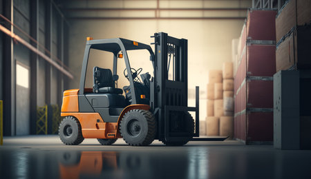 Concept image of a warehouse Forklift in the background of a large warehouse delivery. AI Generative.の素材