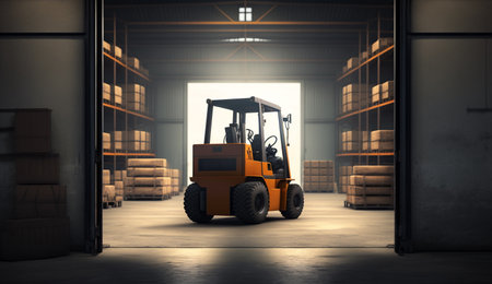 Concept image of a warehouse Forklift in the background of a large warehouse delivery. AI Generative.の素材