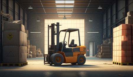Concept image of a warehouse Forklift in the background of a large warehouse delivery. AI Generative.の素材
