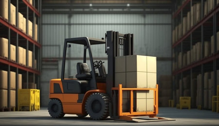 Concept image of a warehouse Forklift in the background of a large warehouse delivery. AI Generative.の素材