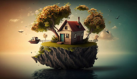 Illustration of houses and trees on the island on a bright color background. AI Generative.の素材