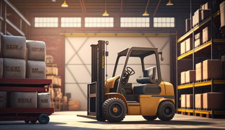Concept image of a warehouse Forklift in the background of a large warehouse delivery. AI Generative.の素材