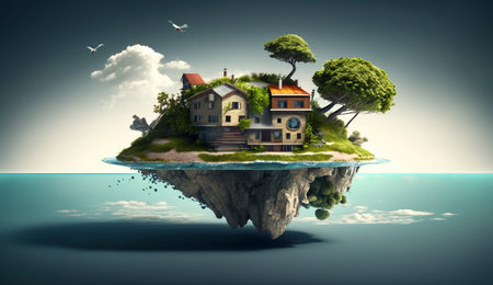 Illustration of houses and trees on the island on a bright color background. AI Generative.の素材