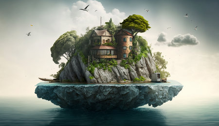 Illustration of houses and trees on the island on a bright color background. AI Generative.の素材