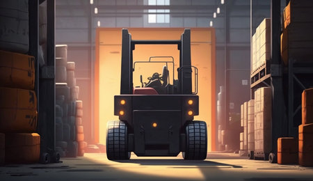 Concept image of a warehouse Forklift in the background of a large warehouse delivery. AI Generative.の素材