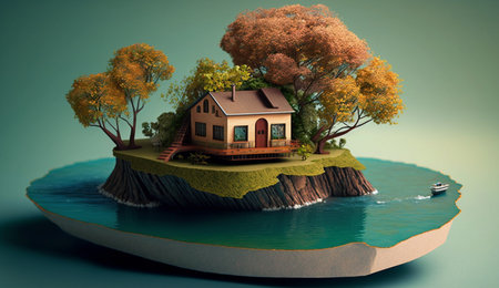 Illustration of houses and trees on the island on a bright color background. AI Generative.の素材