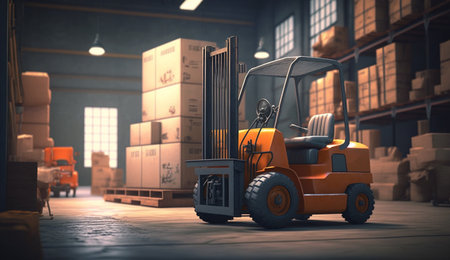 Concept image of a warehouse Forklift in the background of a large warehouse delivery. AI Generative.の素材