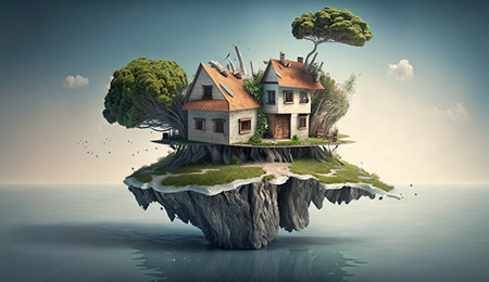 Illustration of houses and trees on the island on a bright color background. AI Generative.の素材