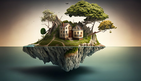 Illustration of houses and trees on the island on a bright color background. AI Generative.の素材