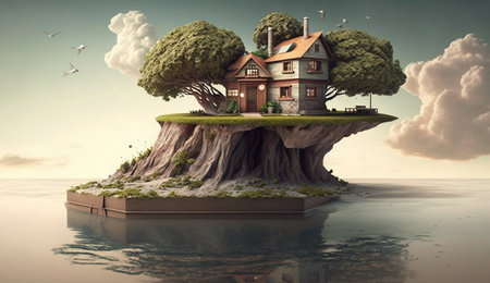 Illustration of houses and trees on the island on a bright color background. AI Generative.の素材