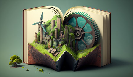An open fantasy book illustration on the opposite side of the old industrial design polluting with green power and safe earth. AI Generative.の素材