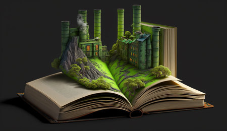 An open fantasy book illustration on the opposite side of the old industrial design polluting with green power and safe earth. AI Generative.の素材