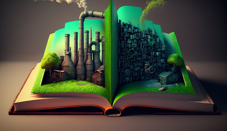 An open fantasy book illustration on the opposite side of the old industrial design polluting with green power and safe earth. AI Generative.の素材