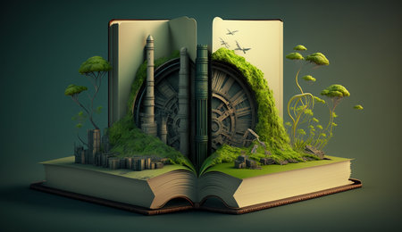 An open fantasy book illustration on the opposite side of the old industrial design polluting with green power and safe earth. AI Generative.の素材