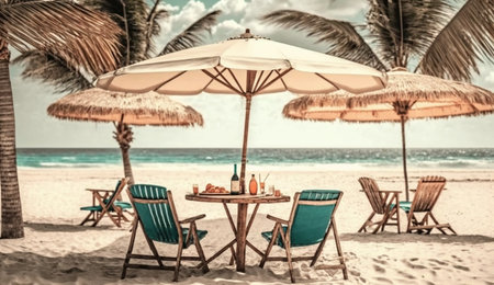 Summer beach by the sea,beach chair and umbrella, summer vacation concept. Generative Ai.の素材