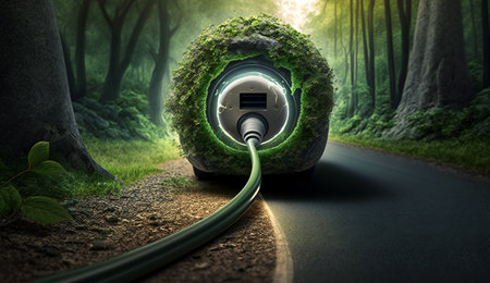 Close up of electric car inlet with a connected charging, Electric car and earth EV electrical energy. Generative AI.の素材