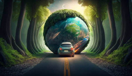 Electric vehicle and EV electric energy for the environment, EV cars on forest roads at ecological ecosystem healthy environment Electric cars and nature. Generative Ai.の素材