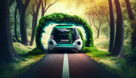 Electric vehicle and EV electric energy for the environment, EV cars on forest roads at ecological ecosystem healthy environment Electric cars and nature. Generative Ai.の素材