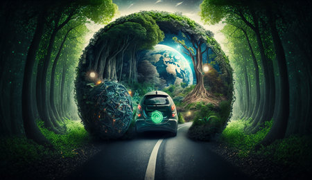Electric vehicle and EV electric energy for the environment, EV cars on forest roads at ecological ecosystem healthy environment Electric cars and nature. Generative Ai.の素材