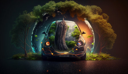 Electric vehicle and EV electric energy for the environment, EV cars on forest roads at ecological ecosystem healthy environment Electric cars and nature. Generative Ai.の素材