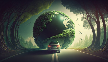 Electric vehicle and EV electric energy for the environment, EV cars on forest roads at ecological ecosystem healthy environment Electric cars and nature. Generative Ai.の素材