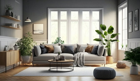 Interior mock up living room. cabinet for TV or place object in modern living room with lamp,table,flower and plant. AI Generative.の素材