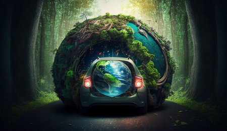 Electric vehicle and EV electric energy for the environment, EV cars on forest roads at ecological ecosystem healthy environment Electric cars and nature. Generative Ai.の素材