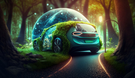 Electric vehicle and EV electric energy for the environment, EV cars on forest roads at ecological ecosystem healthy environment Electric cars and nature. Generative Ai.の素材