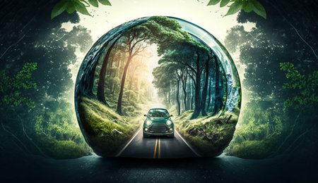 Electric vehicle and EV electric energy for the environment, EV cars on forest roads at ecological ecosystem healthy environment Electric cars and nature. Generative Ai.の素材
