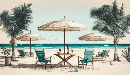 Summer beach by the sea,beach chair and umbrella, summer vacation concept. Generative Ai.の素材